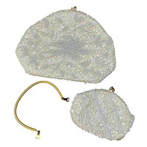 Vintage By Simon Beaded Evening Bag Clutch Detachable Handle Coin Purse Cream